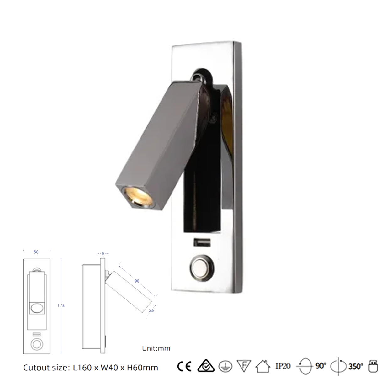 โคมไฟอ่านหนังสือติดผนัง Wall Reading Lamp Metal + Aluminium LED Cree 3W IP20 (KP017)
