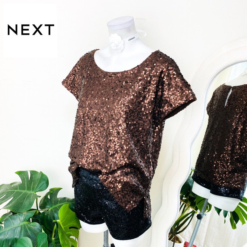 ไซด์ XL แบรนด์ NEXT แท้ 100%🌸เสื้อ ทรงครอป งานเกล็ดวิบวับ สีน้ำตาล ใส่ออกงาน ชุดออกงาน ชุดปาร์ตี้(a)