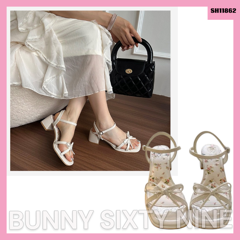 รองเท้าส้นสูง สายรัดข้อ พื้นลายดอกไม้ สูง 2 นิ้ว (SH11862)