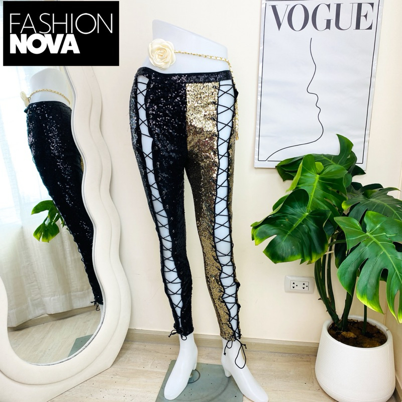 ไซด์ S-M แบรนด์ fashion nova แท้ 100%🌸กางเกง เอวสูง งานเกล็ดวิบวับ สายเชือก สีดำ/ทอง ใส่ออกงาน ชุดออกงาน ชุดปาร์ตี้