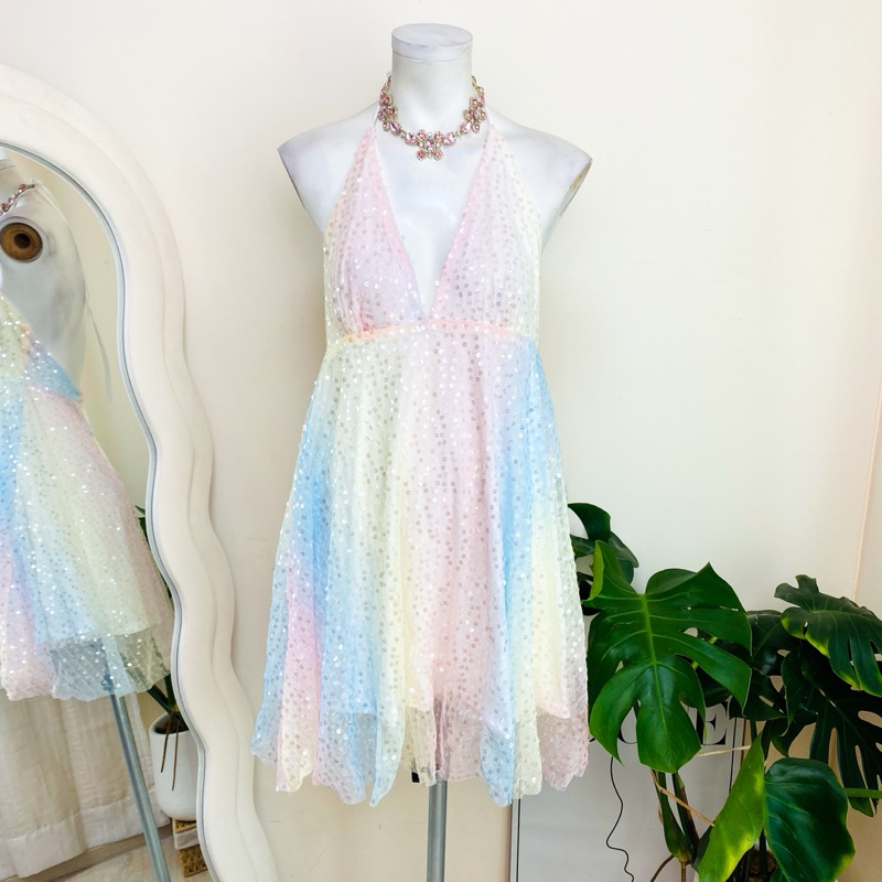 ไซด์ M-L เดรส ผูกโบว์คอ งานเกล็ดวิบวับ สีรุ้ง พาสเทล ใส่ออกงาน ทรงเข้ารูป เดรสออกงาน ชุดปาร์ตี้(21)