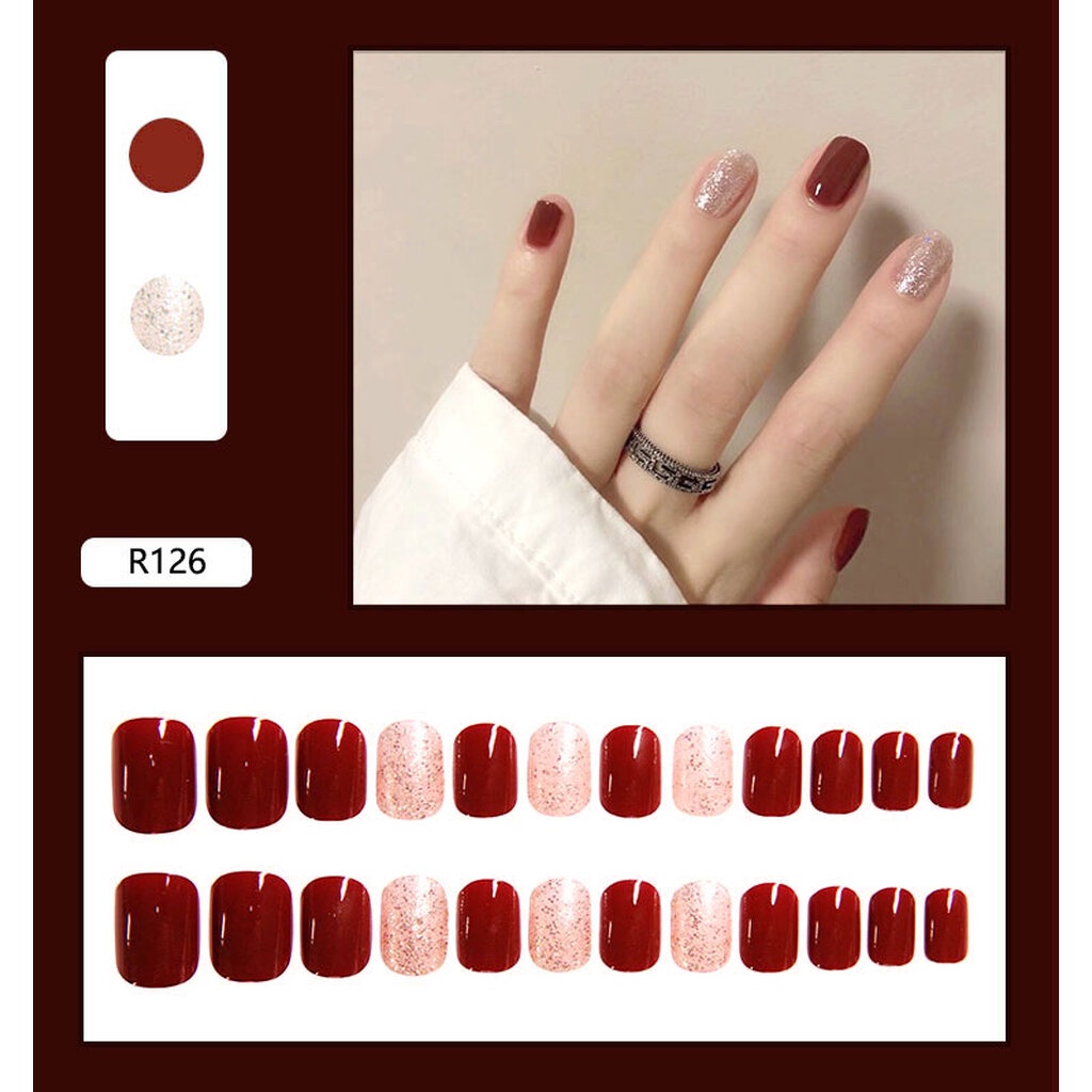PPHOO✨# สีแดง ชมพู เล็บสั้น เล็บสวย เล็บปลอม กล่อง 24 ชิ้น