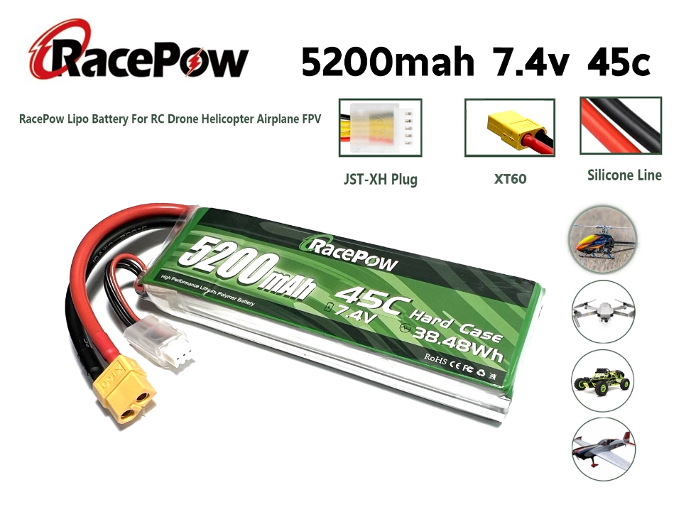 แบตเตอรี่ลิโพ RacePow 5200mah 2S 7.4V 45C XT60