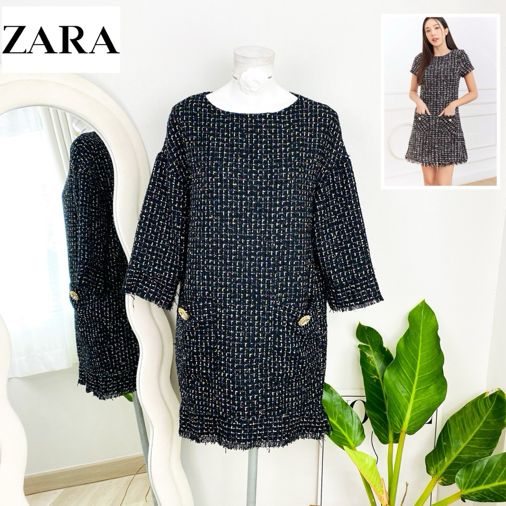 ไซด์ L แบรนด์ ZARA แท้ 100%🌸เดรส ผ้าทวิต มีกระเป๋า 2 ข้าง เดรสทวิต Luxury สีดำ/สีรุ้ง ใส่ออกงาน เดรสออกงาน ชุดปาร์ตี้