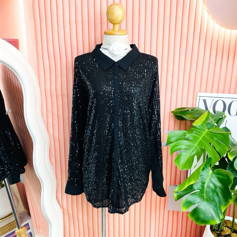ไซด์ L-XL แบรนด์ Torrid แท้ 100%🌸เสื้อเชิ้ต งานเกล็ดวิบวับ สีดำ ใส่ออกงาน ปาร์ตี้ ชุดออกงาน ชุดปาร์ตี้
