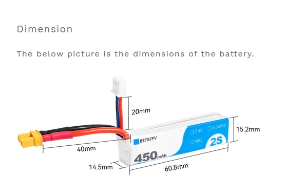 BETAFPV 2S 450mAh 45C XT30 Lipo Battery