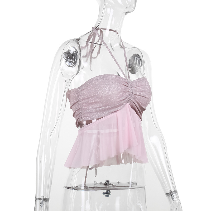 เสื้อเกาะอกวิ๊ง กากเพชร แต่งระบายซีฟอง GB24067