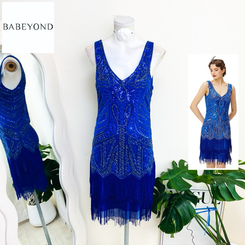 ไซด์ S แบรนด์ BABYYOND แท้ 100%🌸แกสบี้สั้น เดรส Gatsby งานเกล็ดวิบวับ สีน้ำเงิน ใส่ออกงาน ชุดราตรีแกสบี้ ชุดปาร์ตี้