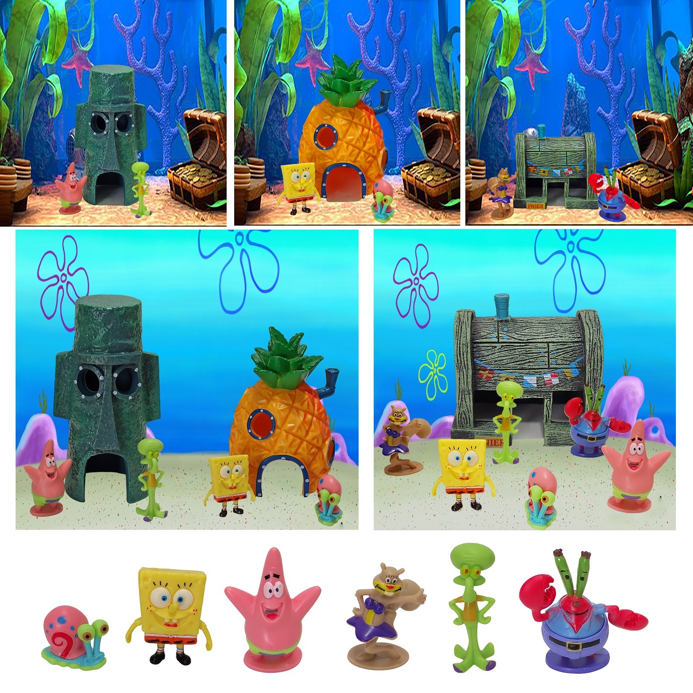ชุดตกแต่งตู้ปลา SpongeBob SquarePants (สำหรับตกแต่งตู้ปลา อ่างเลี้ยงปลา สวนถาด อ่างน้ำพุ สีสีนสดใส ปลอดภัยต่อปลา)