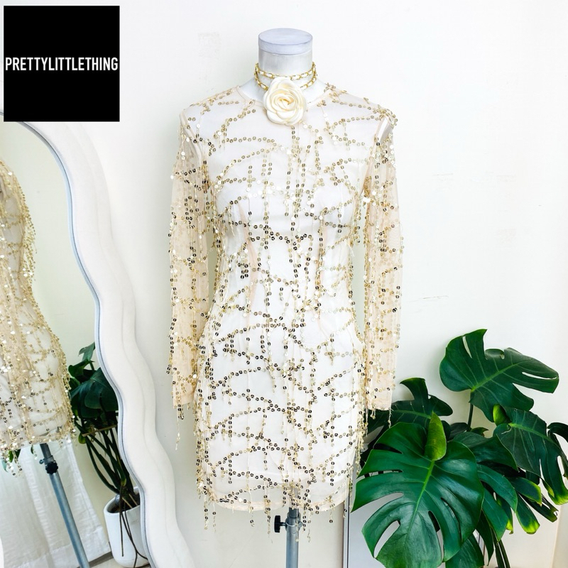 ไซด์ S มือ 1 แบรนด์ prettylittle แท้ 100%🌸เดรส ตุ้งติ้ง เกล็ดวิบวับ สีครีม ใส่ออกงาน เดรสออกงาน ชุดปาร์ตี้(27)