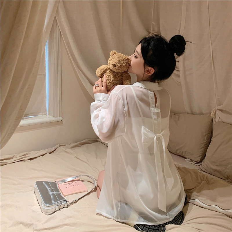 เสื้อเชิ้ต ซีทรู โบว์หลัง สีขาว CN8787