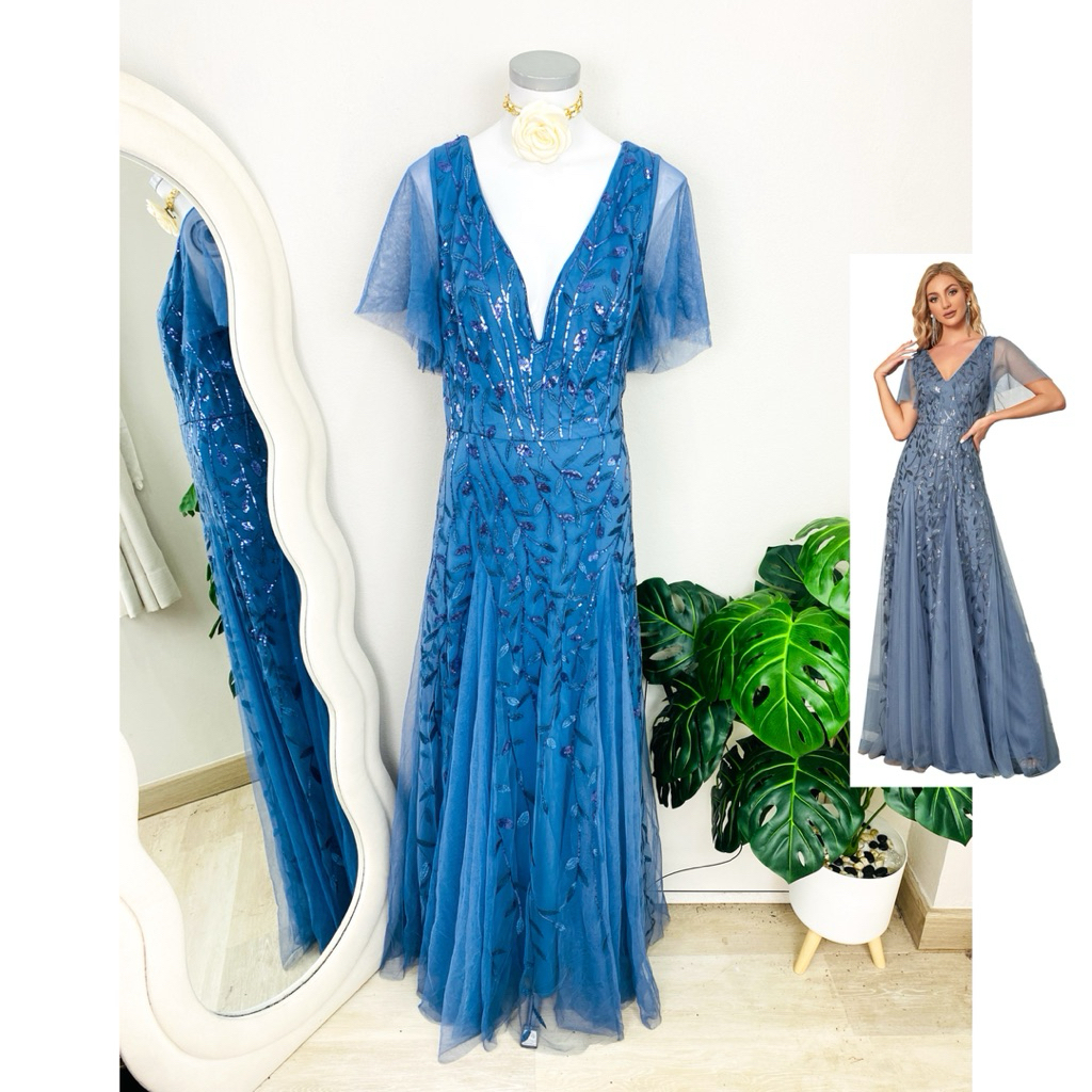 ไซด์ L แบรนด์ Pretty แท้100% 🌸Maxi dress เดรสยาว เดรสงานแต่ง งานเกล็ดวิบวับ สีฟ้า ทรงเข้ารูป เดรสออกงาน ชุดปาร์ตี้