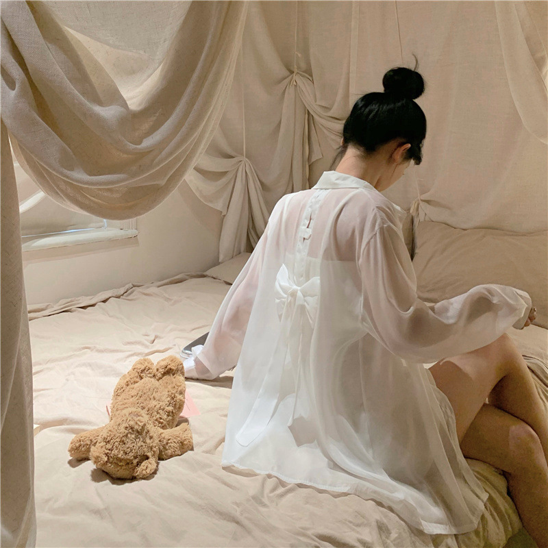 เสื้อเชิ้ต ซีทรู โบว์หลัง สีขาว CN8787