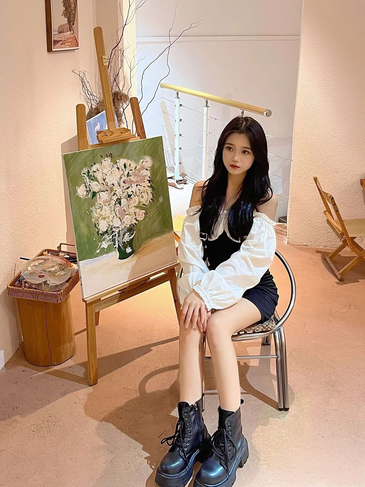 รองเท้าบูท ดำ/เบจ ถักเชื่อก ส้นสูง 3 นิ้ว พร้อมส่งในไทย