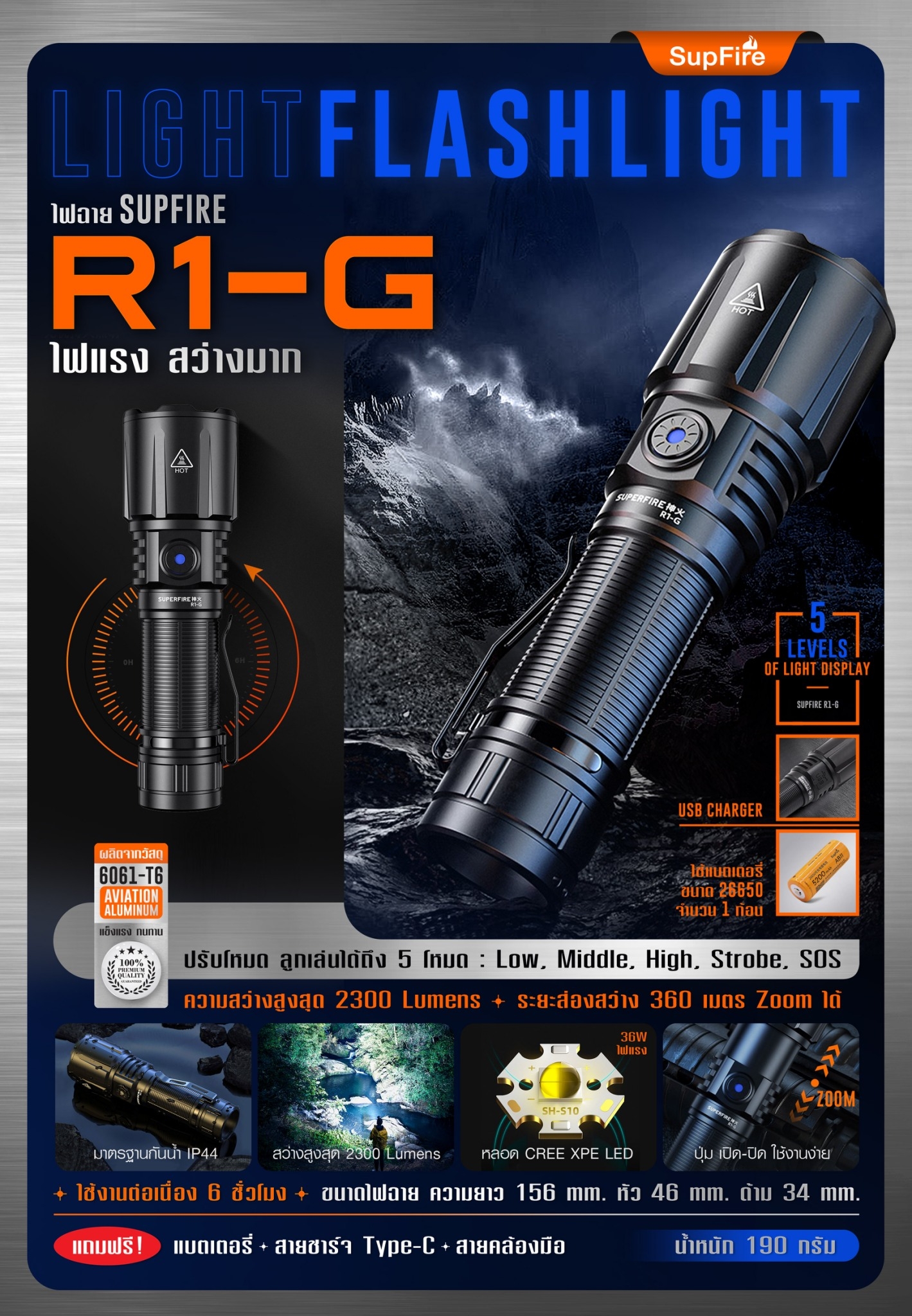 ไฟฉาย Supfire รุ่น R1-G สีดำ