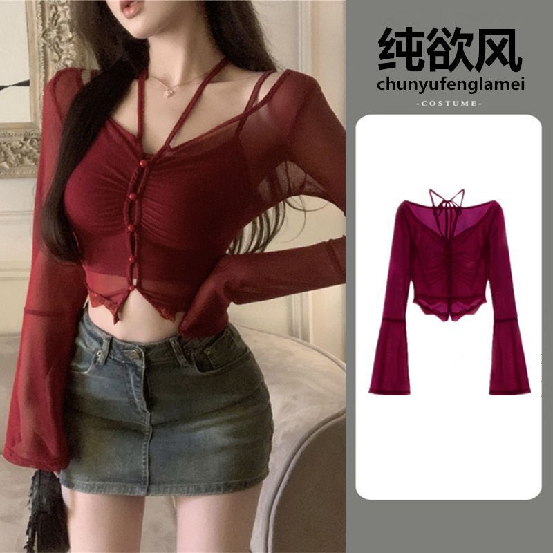 เสื้อครอปแขนยาว ซีทรู ผ้าชีฟอง สีแดงเลือด CN2452