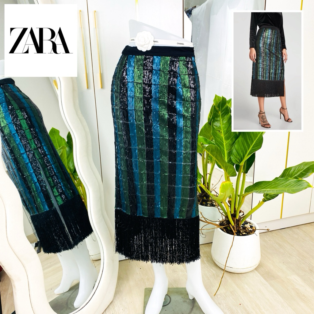 ไซด์ XS แบรนด์ ZARA แท้ 100%🌸กระโปรง ชายฟรุ้งฟริ้ง เอวสูง งานเกล็ดวิบวับ สีดำ/เขียว ใส่ออกงาน ชุดออกงาน ปาร์ตี้ ชุดไปเดท