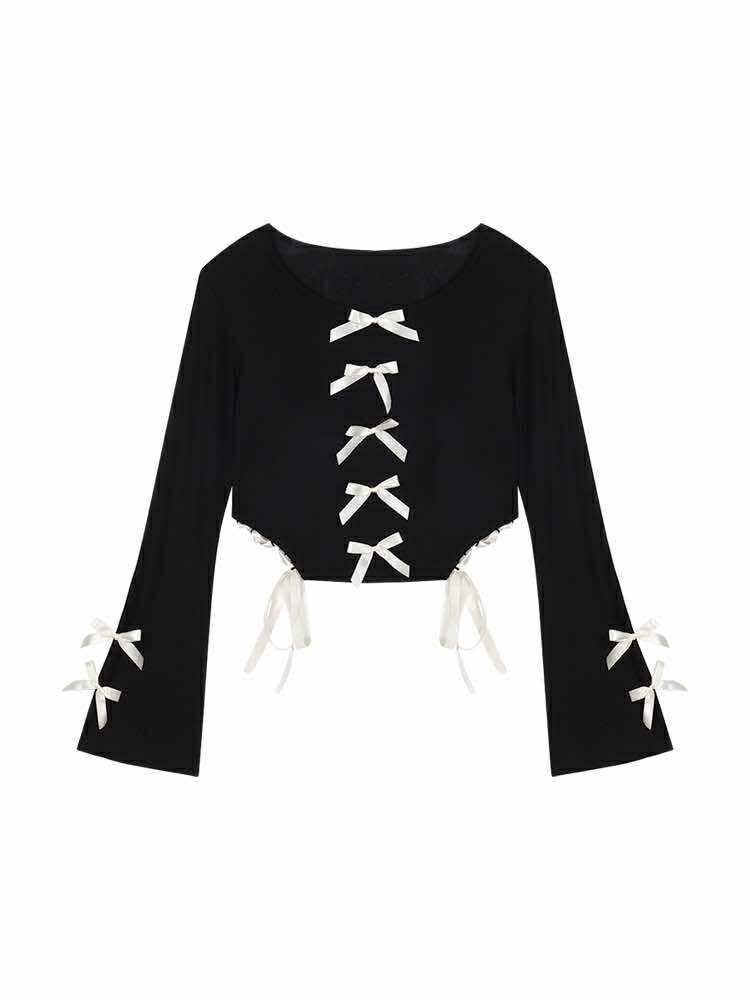 เสื้อครอป สีดำ ซีทรู โบว์หน้า ถักข้าง CN099