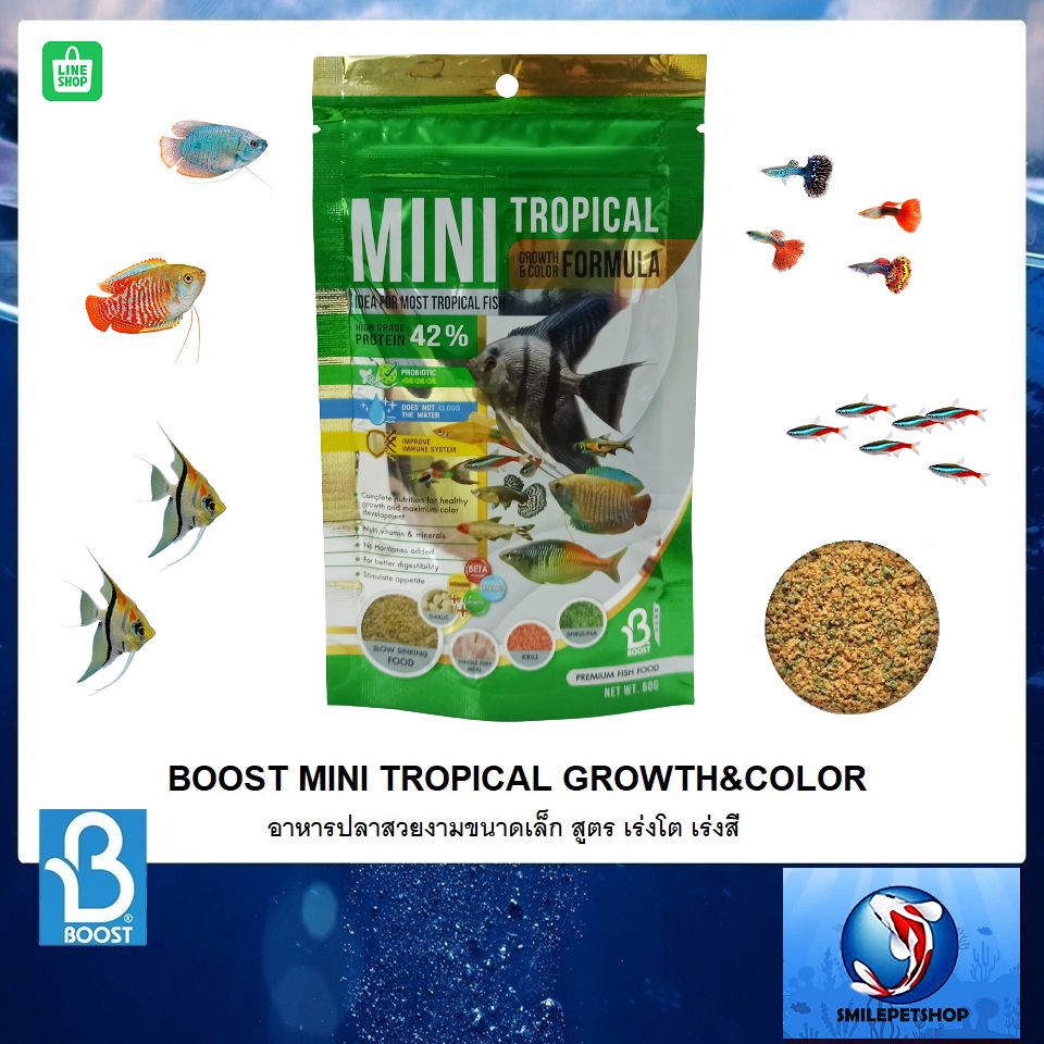 BOOST MINI TROPICAL GROWTH&COLOR 60 g.(อาหารสำหรับปลาขนาดเล็ก สูตรเร่งโต และเร่งสี)