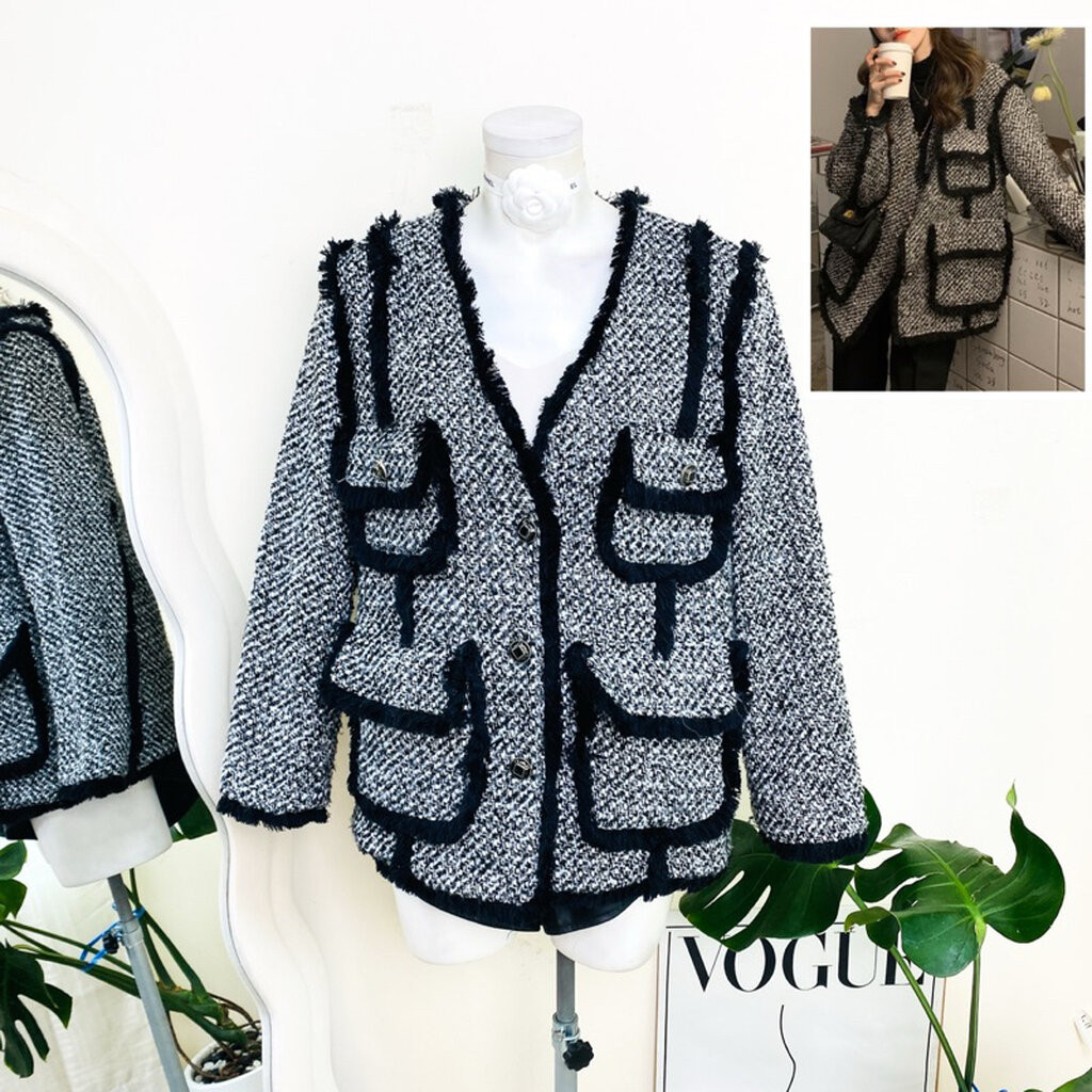 ไซด์ XL แบรนด์ FXBN แท้ 100%🌸เสื้อแขนยาวผ้าทวิต กระดุมหน้า ผ้าทวิต Tweed งานวิบวับ สีเทา/ดำ ใส่ออกงาน ชุดปาร์ตี้