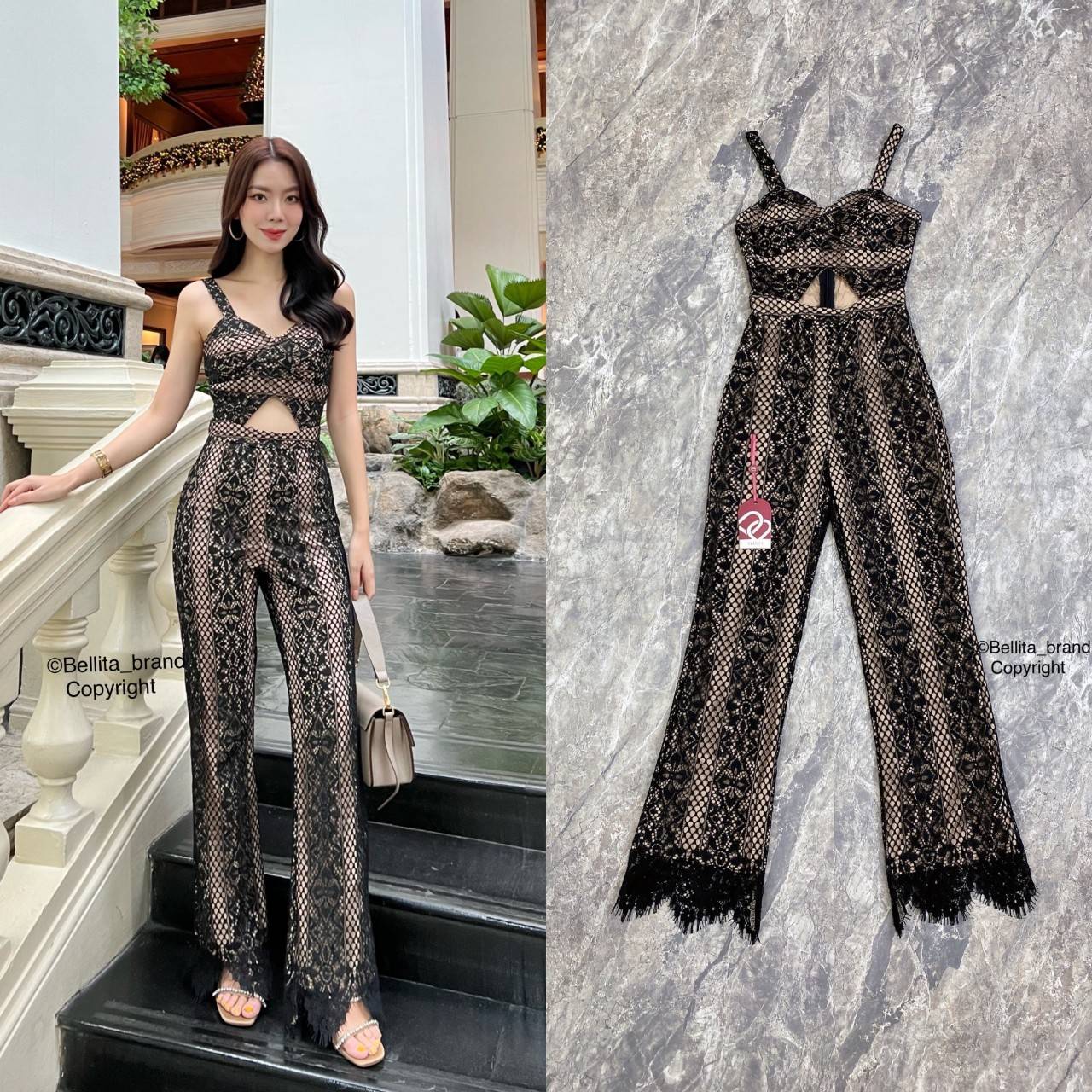 🍒 S 🍒 ป้าย Bellita จั๊มสูทขายาวผ้าลูกไม้ทั้งชุด สายเดี่ยว