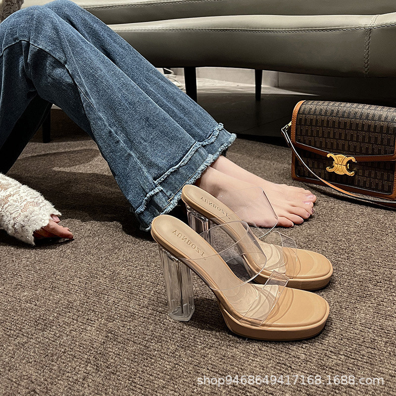 รองเท้าส้นสูง รองเท้าสวมส้นแก้ว สายใส สูง 4 นิ้ว SH002