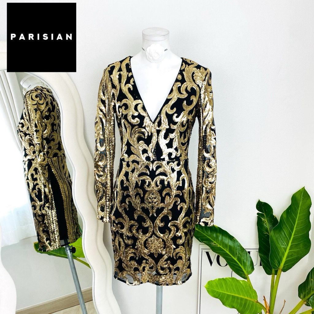 ไซด์ S แบรนด์ PARISIAN แท้ 100%🌸เดรส Luxury ลายหลุยด์ คอวีลึก งานเกล็ดวิบวับ สีทอง/ดำ ใส่ออกงาน เดรสออกงาน ชุดปาร์ตี้