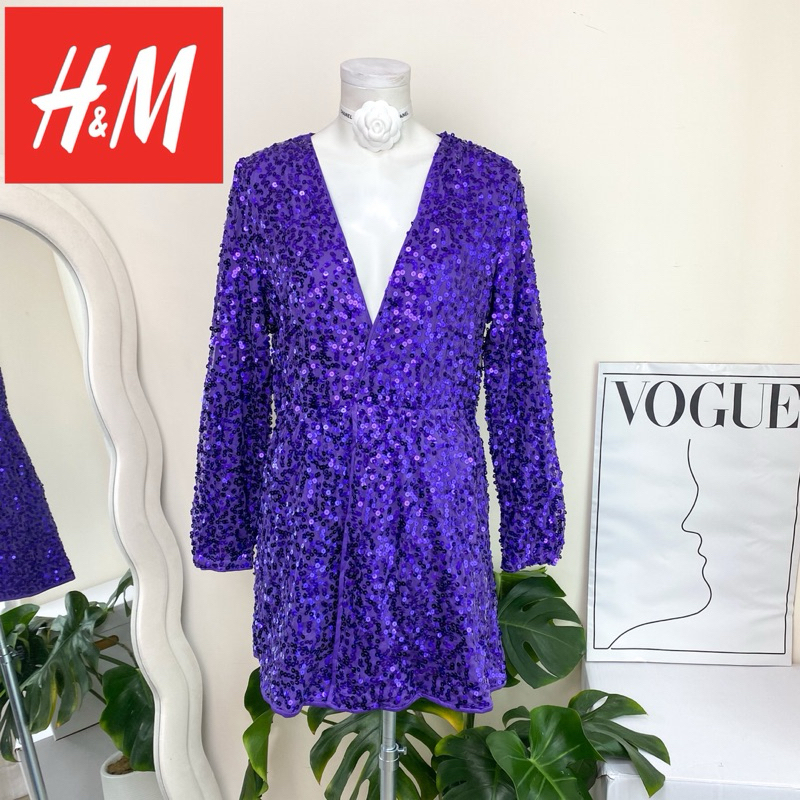 ไซด์ XL แบรนด์ H&M แท้ 100%🌸เดรสงานเกล็ดวิบวับ สีม่วง ใส่ออกงาน ทรงเข้ารูป เดรสออกงาน ชุดปาร์ตี้(196)