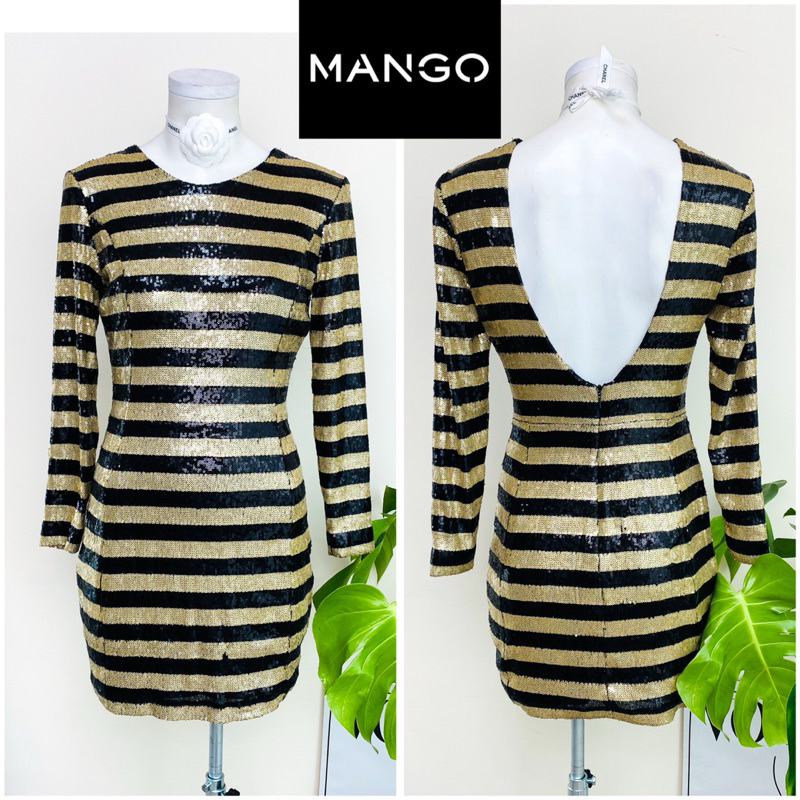ไซด์ S แบรนด์ Mango แท้ 100%🌸เดรสงานเกล็ดวิบวับ สีทอง/ดำ ใส่ออกงาน ทรงเข้ารูป เดรสออกงาน ชุดปาร์ตี้(256)