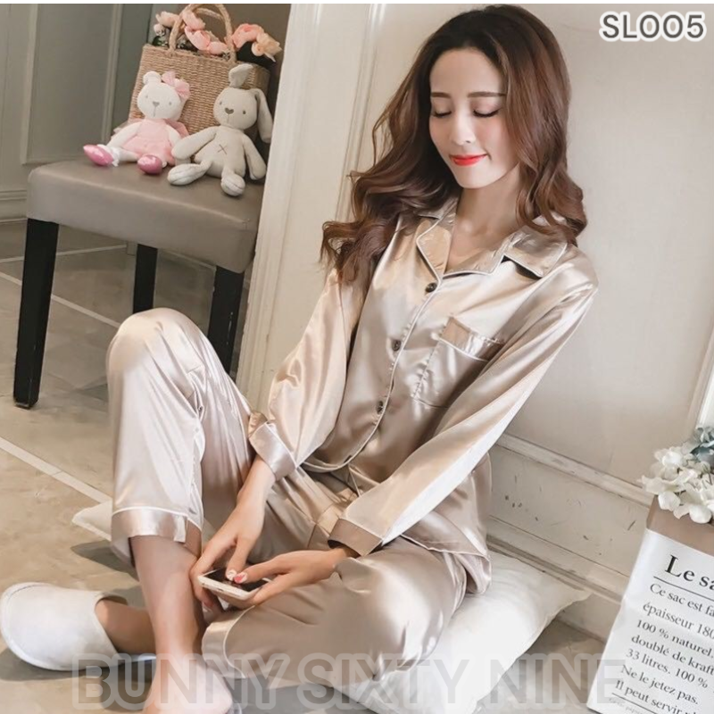 ชุดนอน ซาติน เสื้อแขนยาว+กางเกงขายาว พร้อมส่ง