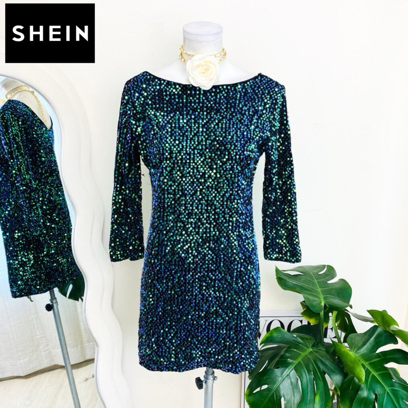 ไซด์ S-L แบรนด์ Shein แท้ 100%🌸มินิเดรส งานเกล็ดวิบวับ สีเขียวปีกแมลงทับ ใส่ออกงาน ทรงเข้ารูป เดรสออกงาน ชุดปาร์ตี้(7)