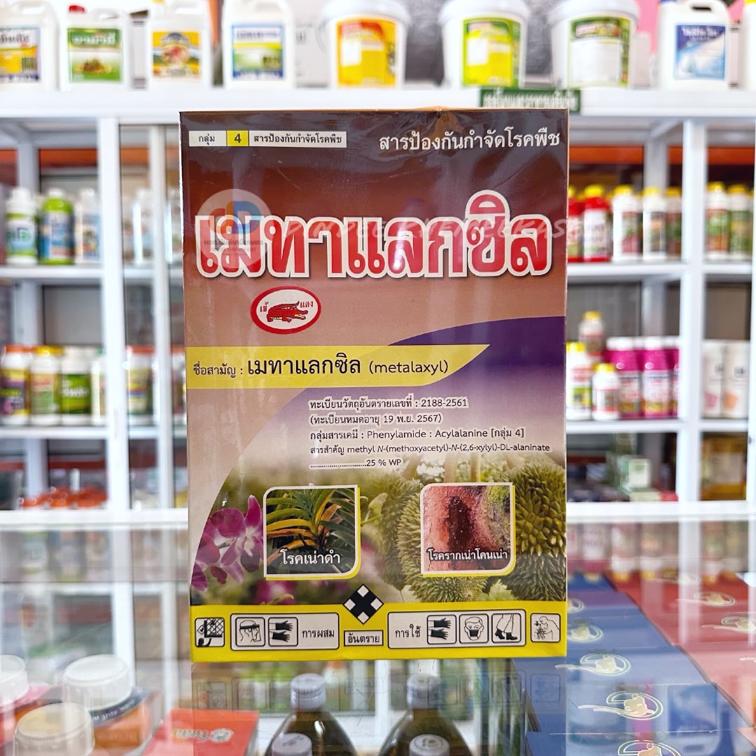 เมทาแลกซิล เข้แดง 1 กิโลกรัม ป้องกันกำจัดโรคต้นเน่า โรคเน่าเข้าไส้ โรครากเน่าโคนเน่า โรคราน้ำค้าง (คลุกเมล็ด) โรคใบไหม้
