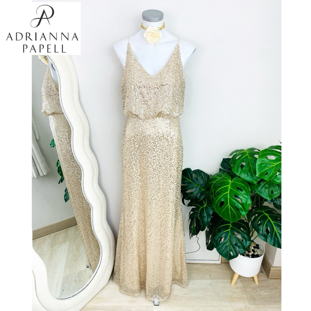 ไซด์ M แบรนด์ Anriana Papell แท้100% 🌸Maxi dress เดรสยาว เอวจั้ม งานเกล็ดวิบวับ สีทองอ่อน เดรสออกงาน ชุดปาร์ตี้