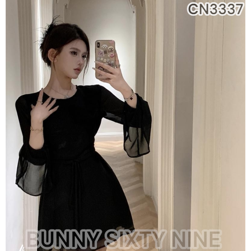 เดรสดำ โชว์หลัง ผ้าชีฟอง ท่อนบนซีทรู รหัส CN3337