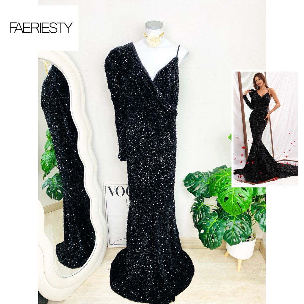 ไซด์ 3XL แบรนด์ Faerieแท้100%🌸Maxi dress เดรส ผ้ากำมะหยี่ มีดีไซด์ พลัสไซด์ งานเกล็ดวิบวับ สีดำสนิท เดรสออกงาน ชุดปาร์ตี