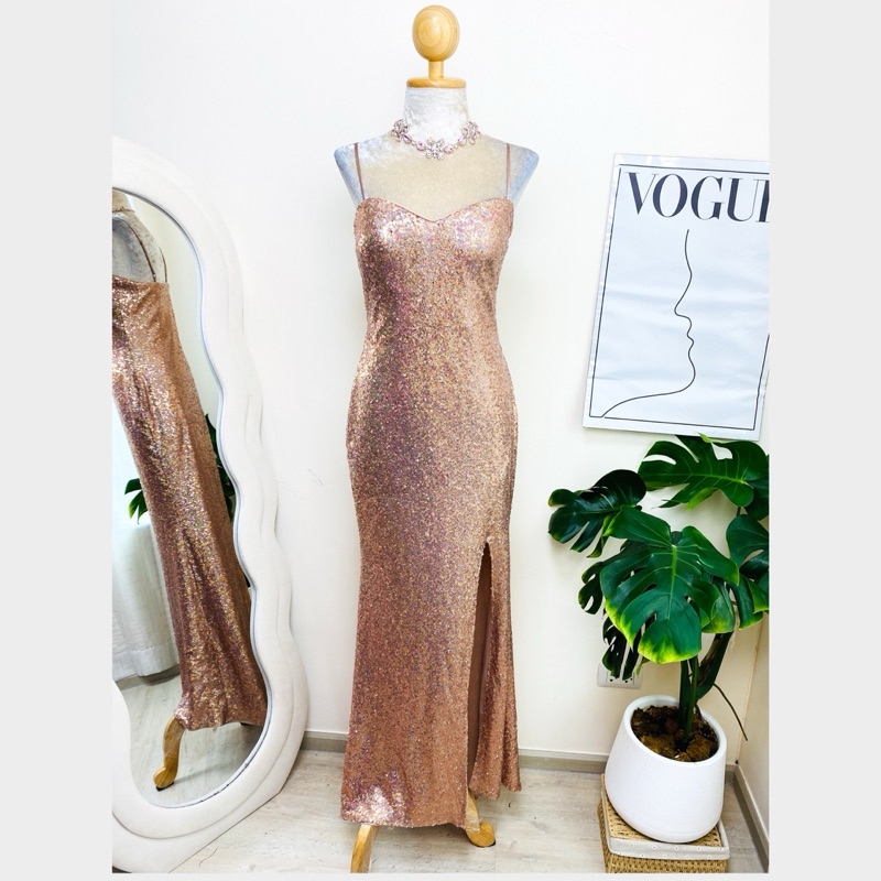 ไซด์ M แบรนด์ Jump Apparel แท้100% 🌸Maxi dress เดรสยาว งานเกล็ดวิบวับ สีโรสโกล ทรงเข้ารูป เดรสออกงาน ชุดปาร์ตี้