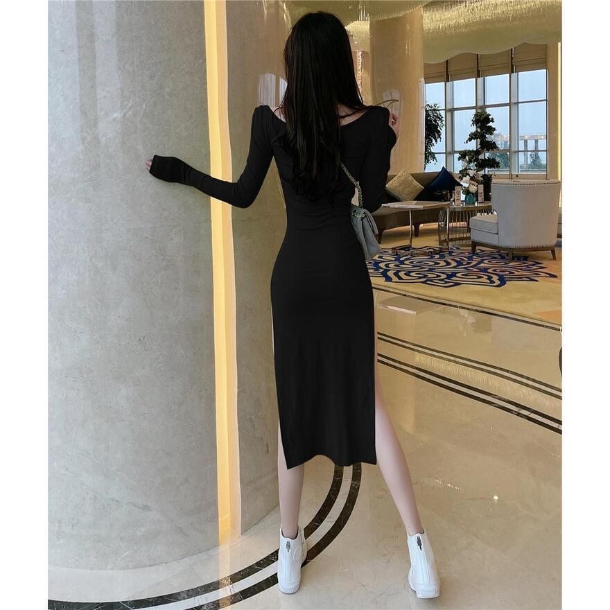 เดรสแหวกข้าง เดรสรัดรูป เดรสแขนยาว CN2230