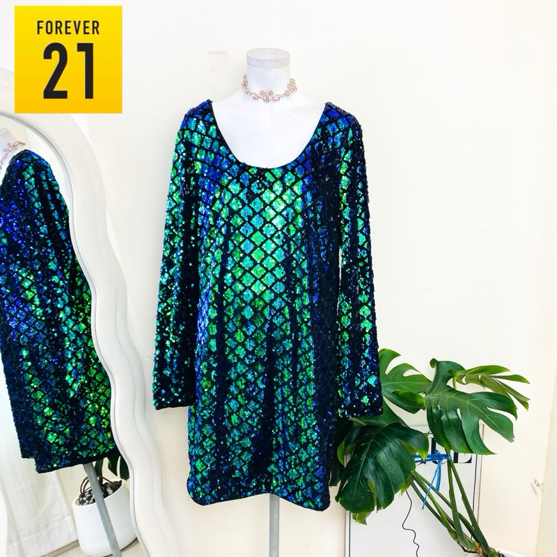 ไซด์ XXL แบรนด์ Forever21 แท้ 100%🌸เดรส ลายตาราง ผ้ากำมะหยี่ งานเกล็ดวิบวับ สีเขียวปีกแมลงทับ ใส่ออกงาน เดรสออกงาน