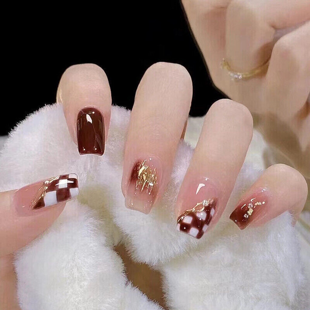 PPHOO✨#BR น้ำตาล สั้น เล็บสวย เล็บปลอม กล่อง 24 ชิ้น