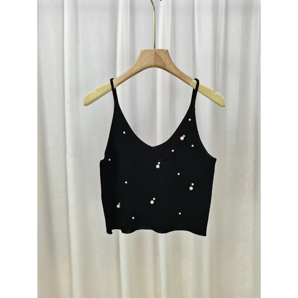 เสื้อครอป ไหมพรม ปักมุกเพชร (ชมพู ,ดำ , ขาว ) รหัส GB001