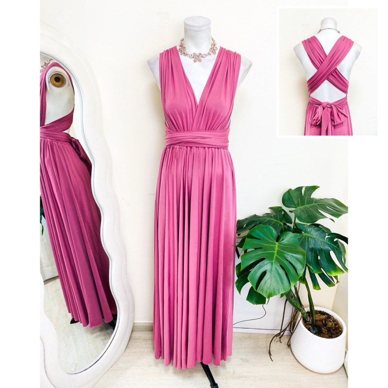 ไซด์ L-XL แบรนด์ tgh แท้100% 🌸Maxi dress เดรสยาว Luxuary ปาร์ตี้เดรส สีชมพู ทรงเข้ารูป เดรสออกงาน ชุดปาร์ตี้