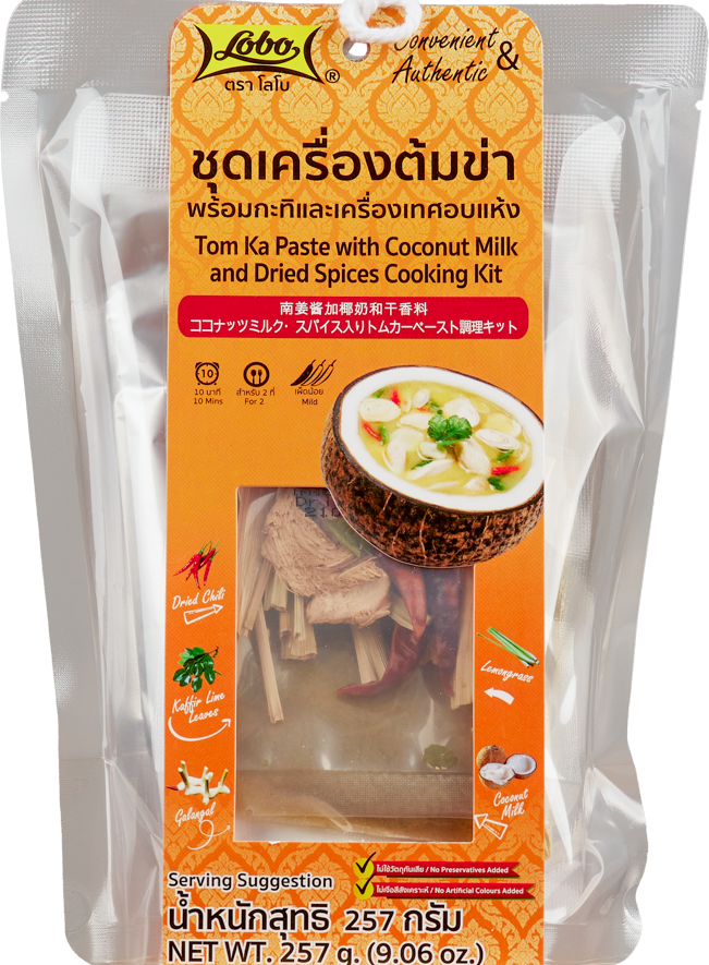 ชุดเครื่องต้มข่าพร้อมกะทิและเครื่องเทศอบแห้ง 257 กรัม / Tom Ka Paste with Coconut Milk and Dried Spices Cooking Kit 257 gram.