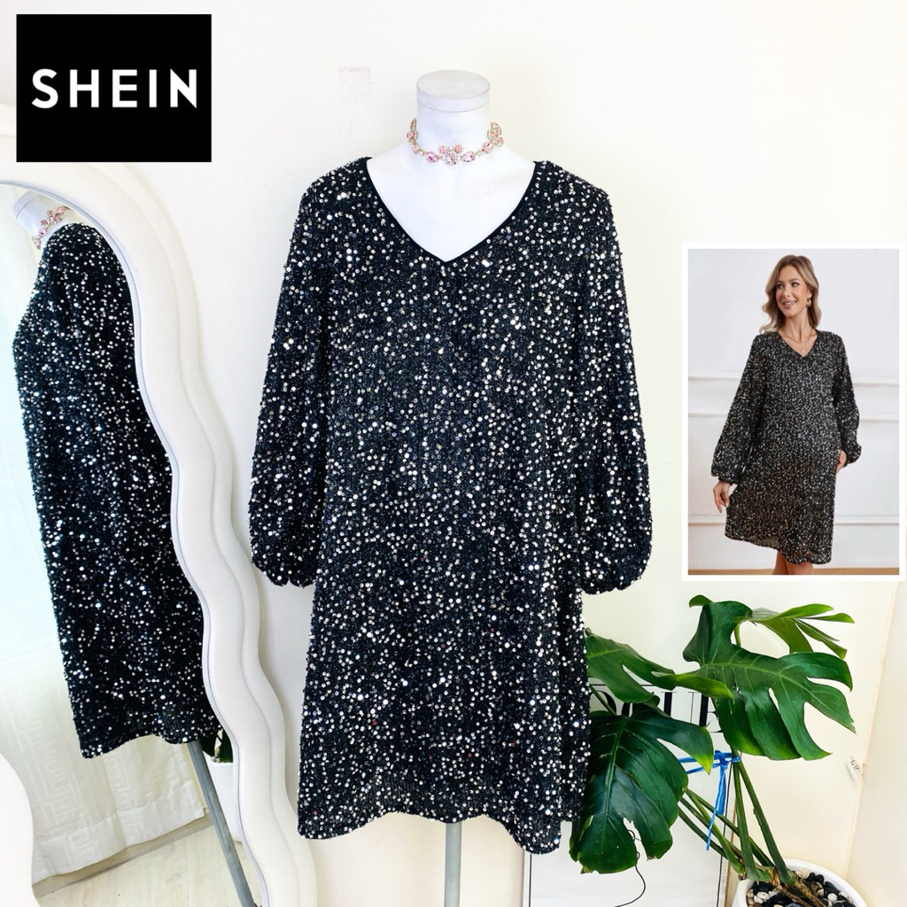ไซด์ XL แบรนด์ Shein แท้ 100%🌸เดรส ขนมิ้ง มีแขน งานเกล็ดวิบวับ สีดำ/เงิน ใส่ออกงาน ทรงเข้ารูป เดรสออกงาน ชุดปาร์ตี้