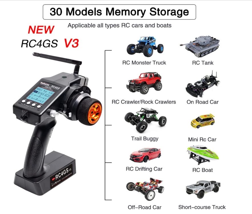 RadioLink RC4GS V3 2.4G 5CH RC Transmitter and Receiver R6FG Gyro Inside Pistol Grip Remote Controller for RC Car Boat รีโมท 5CH ฟังชั่นเพียบ สัญญาณไกล ในชุด มีรีซีฟ 1ตัว