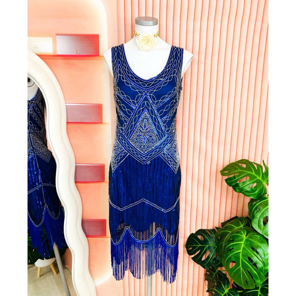 ไซด์ S แบรนด์ Jicagom แท้ 100%🌸แกสบี้ เดรส Gatsby งานเกล็ดวิบวับ สีน้ำเงิน ใส่ออกงาน ชุดราตรีแกสบี้ ชุดปาร์ตี้