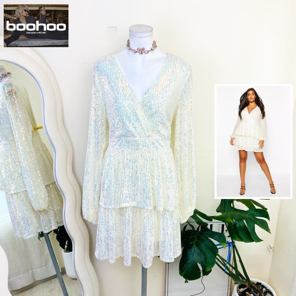 ไซด์ XXL มือ 1 แบรนด์ boohoo แท้ 100%🌸เดรส ผูกโบว์เอว กระโปรงขนมชั้น งานเกล็ดวิบวับ สีขาวใส่ออกงาน เดรสออกงาน ชุดปาร์ตี้