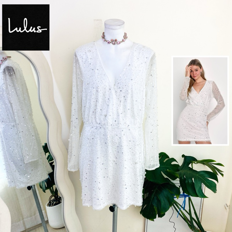ไซด์ L-XL มือ 1 แบรนด์ LULUS แท้ 100%🌸เดรส ฟรุ้งฟริ้ง แขนยาว งานเกล็ดวิบวับ สีขาว ใส่ออกงาน เดรสออกงาน ชุดปาร์ตี้