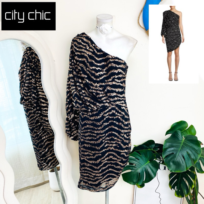 ไซด์ XL มือ1 แบรนด์ City chic แท้ 100%🌸เดรส แขนอลัง ไหล่เดียว งานเกล็ดวิบวับ สีดำ/คอปเปอร์ เดรสออกงาน ชุดปาร์ตี้