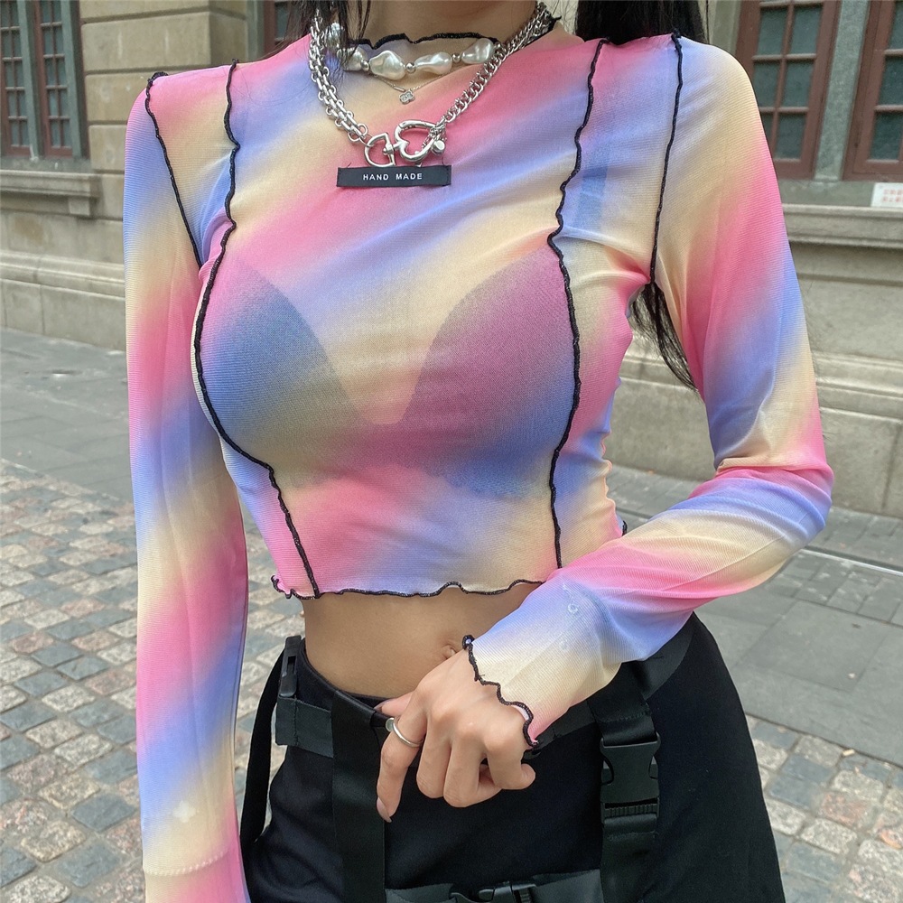 เสื้อครอป แขนยาว ซีทรู พาสเทล รหัส EDM002