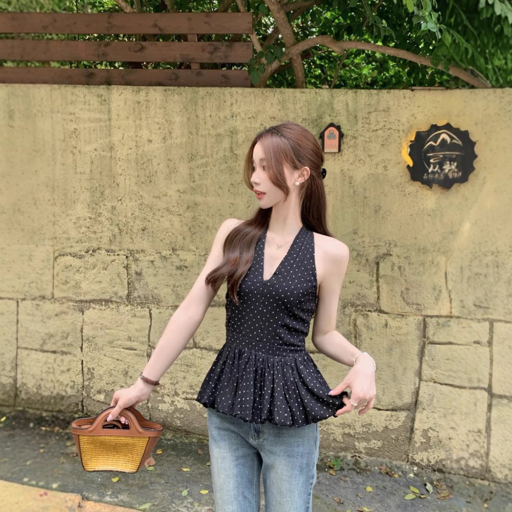 ส่งด่วนในไทย เสื้้อสายเดี่ยว บอลลูน ลายจุด สไตล์เกาหลี พร้อมส่ง CN7562